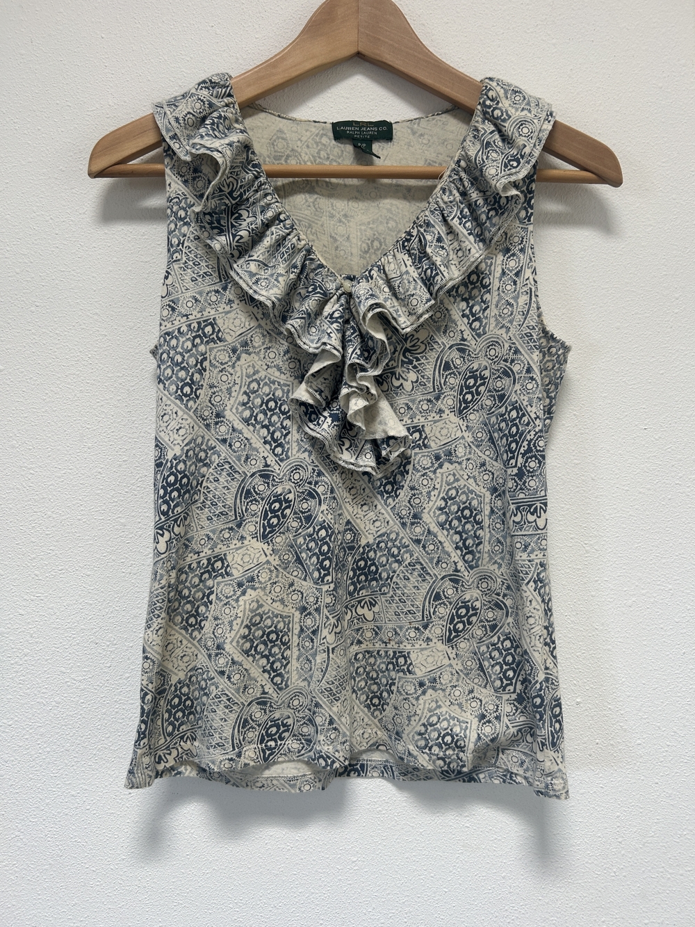 Lauren Ralph Lauren Cream and Blue Paisley Ruffle V-Neck Tank